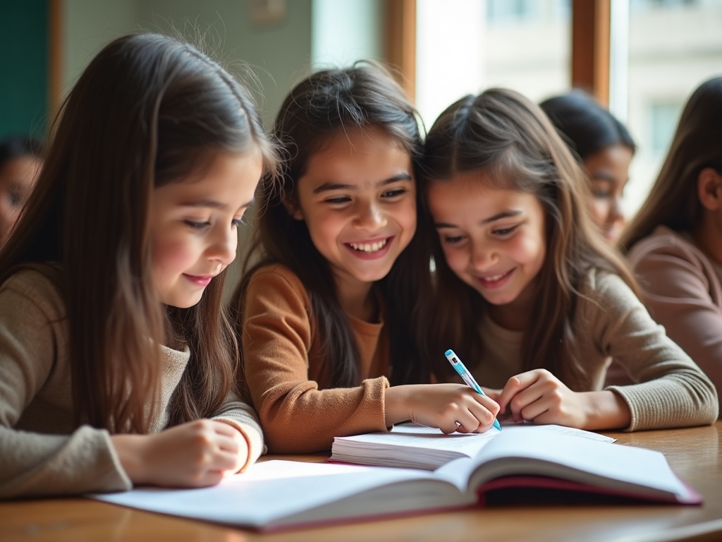 Aydınlık bir sınıfta birlikte kitap okuyan mutlu çocuklar