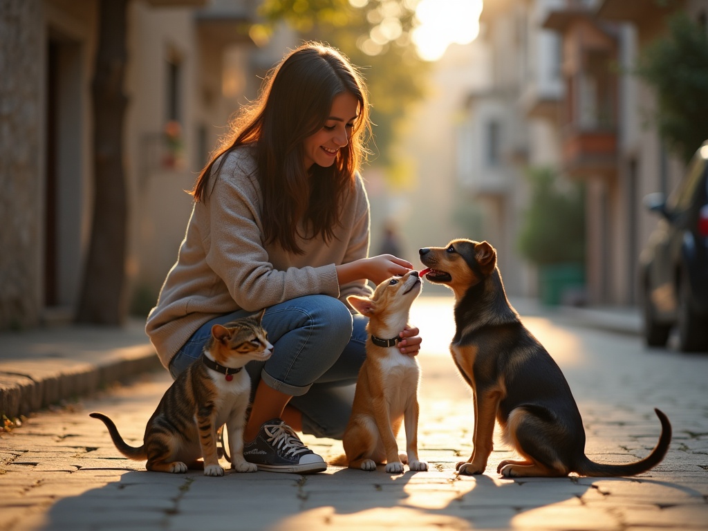 Güneşli bir sokakta bir köpeği ve kediyi sevgiyle besleyen gönüllü