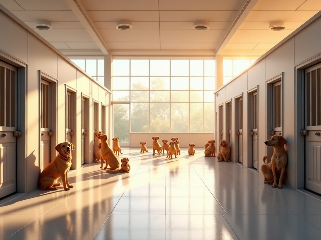 Aydınlık modern hayvan barınağında mutlu köpekler
